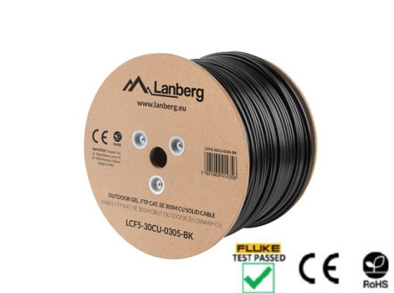 CABLE LAN CAT.5E FTP 305M SOLID OUTDOOR GEL-FILLED CU BLACK FLUKE PASSED LANBERG
