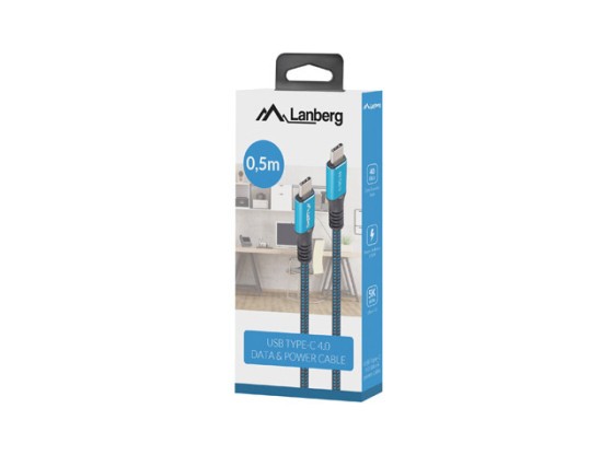Cable USB-C macho a macho USB4, 0,5 m, 100 W, 8K, 30 Hz, negro y azul, caja LANBERG