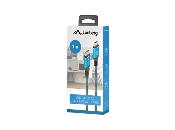 Cable USB-C macho a macho USB4, 1 m, 240 W, 8K, 60 Hz, negro y azul, caja LANBERG