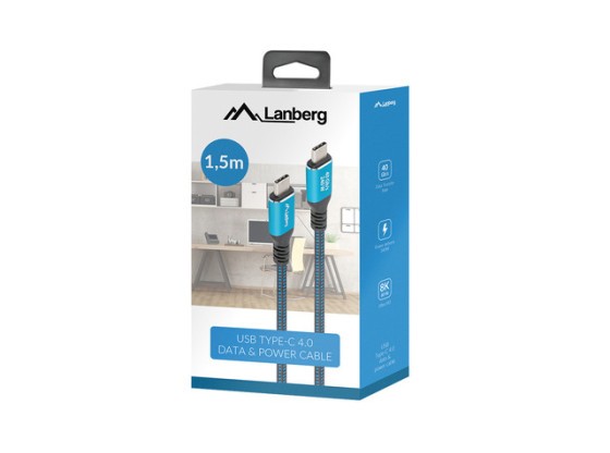 Cable USB-C macho-macho USB4, 1,5 m, 240 W, 8K, 60 Hz, negro y azul, caja LANBERG