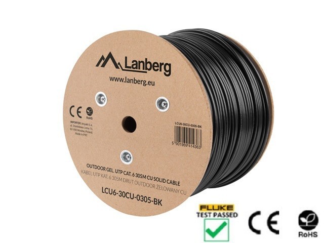 CABLE LAN CAT.6 UTP 305M SOLID OUTDOOR GEL-FILLED CU BLACK FLUKE PASSED LANBERG
