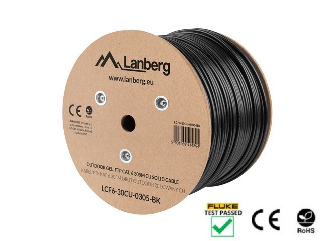 CABLE LAN CAT.6 FTP 305M SOLID OUTDOOR GEL-FILLED CU BLACK FLUKE PASSED LANBERG