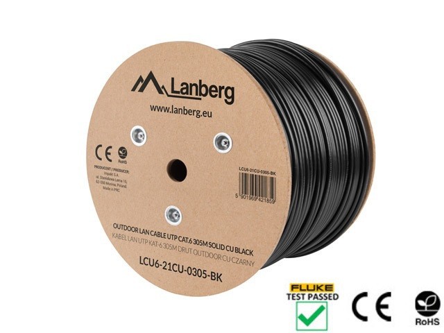 CABLE LAN CAT.6 UTP 305M SOLID OUTDOOR CU NEGRO FLUKE PASSED LANBERG